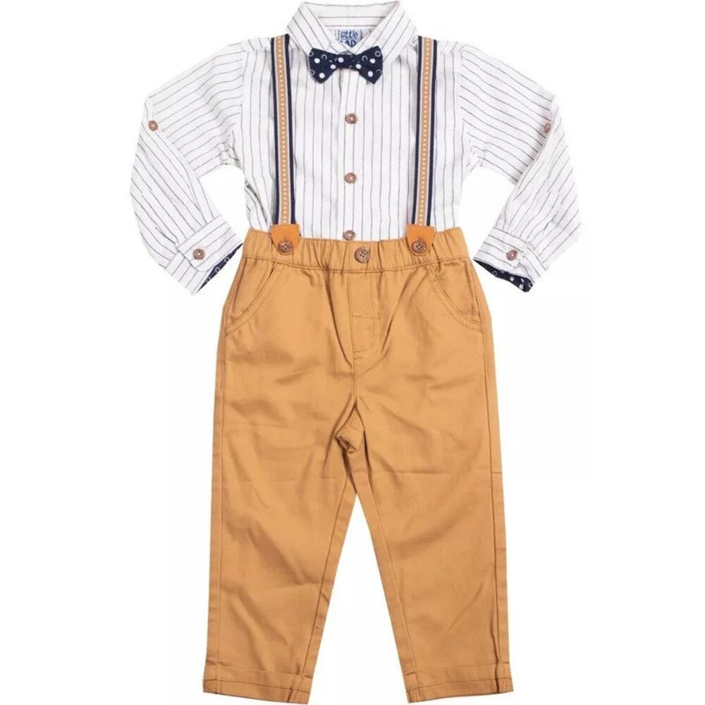 Little Lad Baby Boy Size 9-12 Months Striped Shirt Suspender Khaki Pants Set